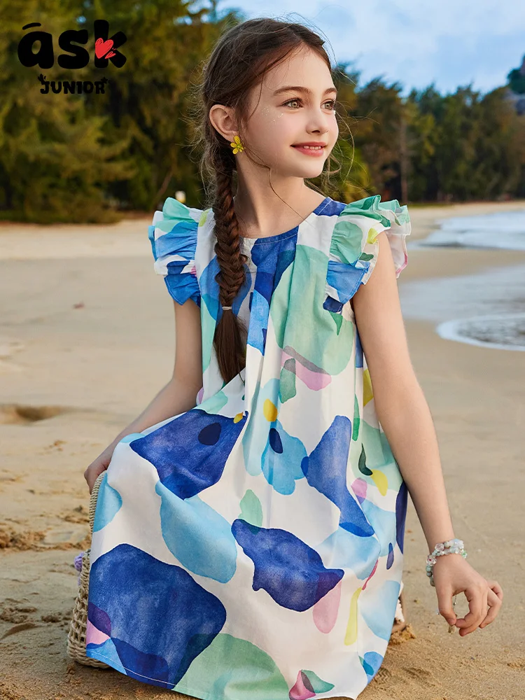 فستان بتصميم مطبوع بالكامل على طراز منتجع شاطئ البحر للفتيات من توين #3