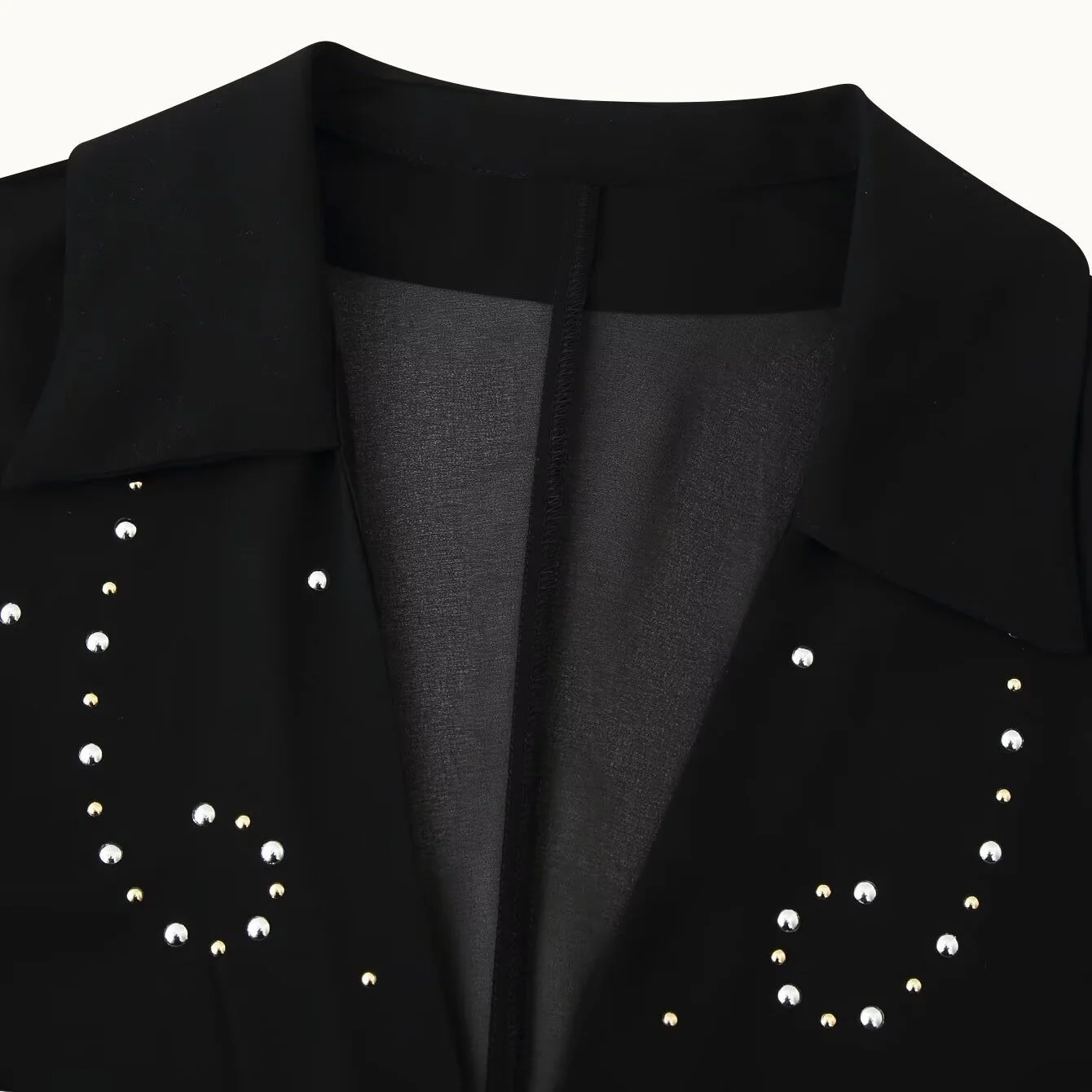 KASLEAD New Women's Fashion Design Sense Rivet Decoration Semi-Transparent Shirt Long Sleeve Button Closure Polyester Fiber
