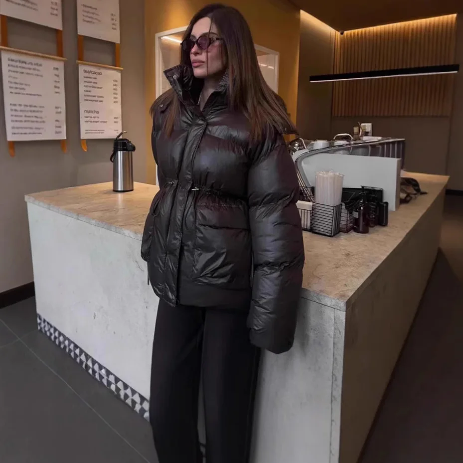 2025 خريف شتاء جديد المرأة سستة مريحة عادية براون مقنعين الرباط سميكة سترة قطن بلون #2