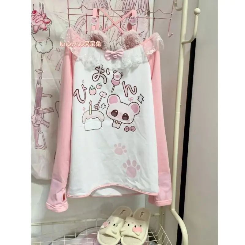 Felpa giapponese dolce e carina Kawaii vestiti da donna patchwork felpe in pizzo stampa cartoon top a maniche lunghe Y2k maglietta con spalle scoperte