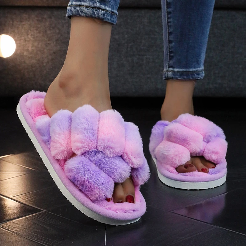 Modisches Design, Kreuzriemen, flauschige Fellpantoffeln für Damen, bequeme, weiche, flache Sohle, Hausschuhe für Damen, leichte, offene Plüschpantoffeln – Detail 3