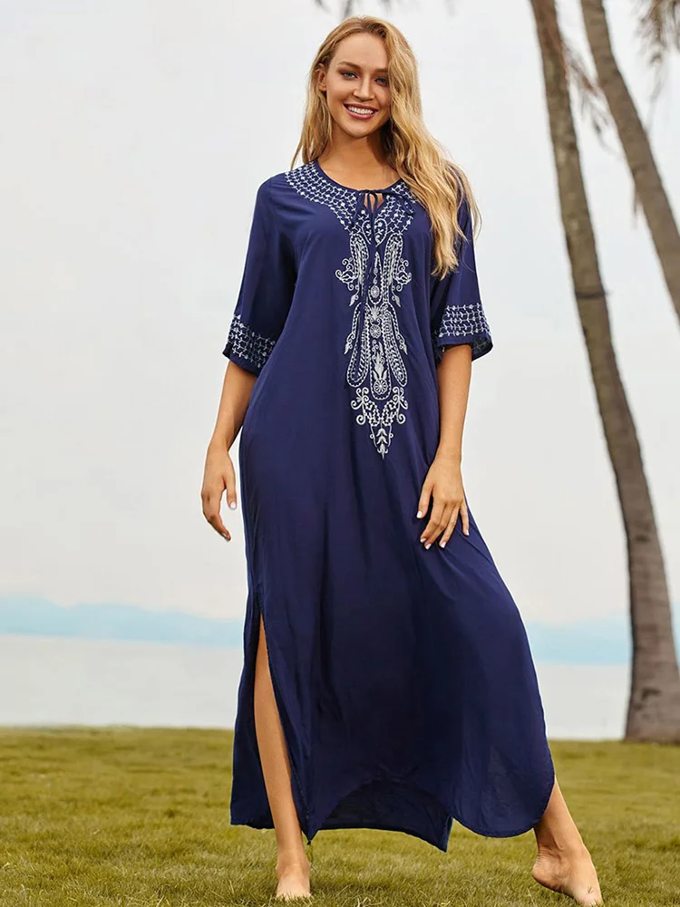 Bohemian Black Embroidered Long Dress Beach Cover-up Sarong Kaftan Pareo 2023 Summer Women Swimsuit Beachwear Robe Maxi Dresses