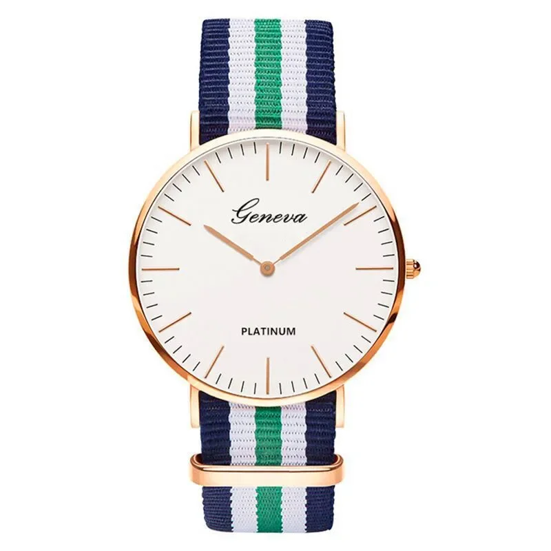 Reloj clásico a la moda con banda de nailon a rayas para mujer, reloj de pulsera de cuarzo de marca de lujo para hombre, reloj para mujer, simplicidad Neutral Simple