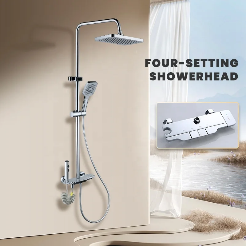 Shower Set,Brass Polished Bathroom Shower System Ceramic Valve 4-Function Rain Shower Head Set Handheld Sprayer Massage/Jet/Paus