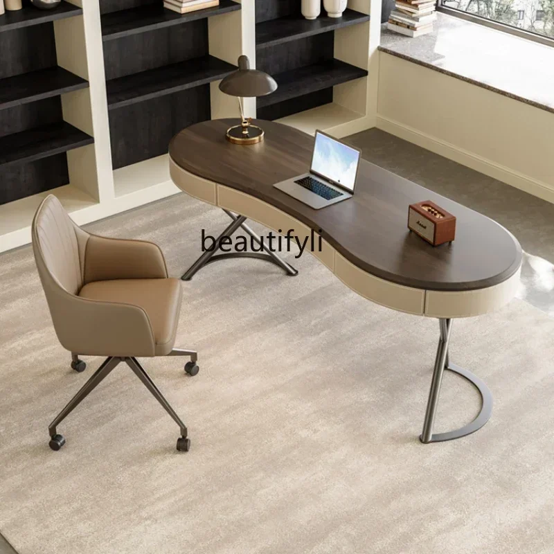 

XX39Home Retro Style Solid Wood Desk Minimalist Desk Saddle Leather