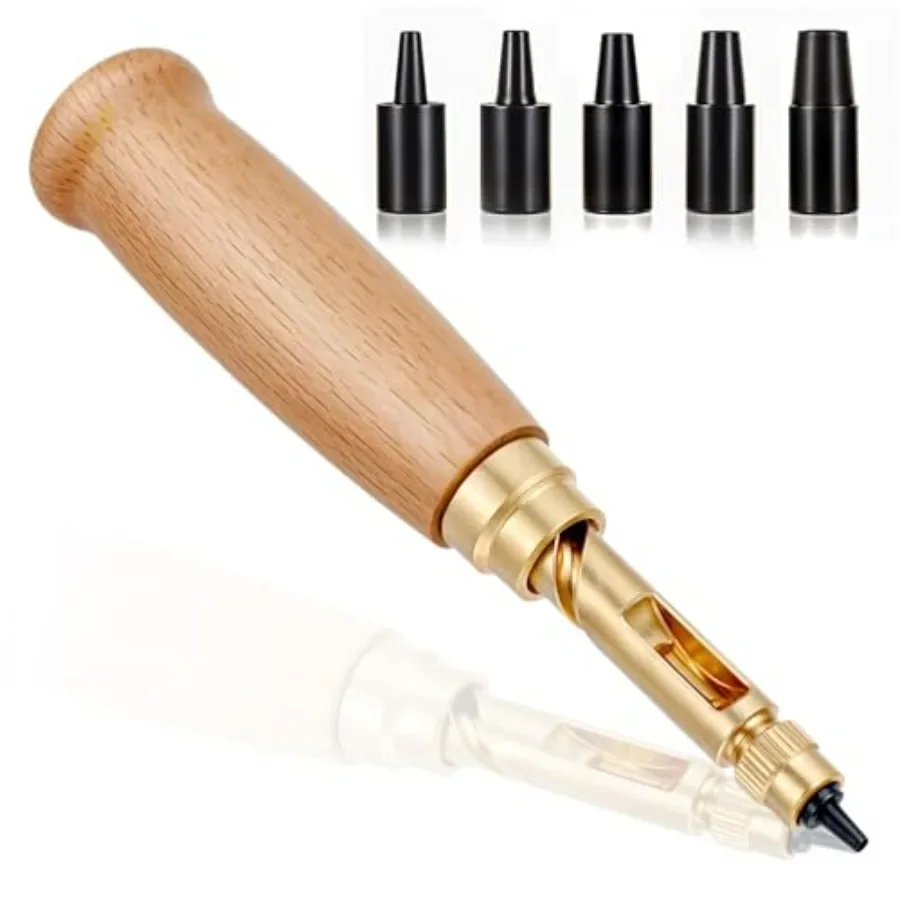 Japanese Screw Punch Adjustable Leather Hole Punching Tool with Wood Handle and 6 Interchangeable Tips 1.5mm 2mm 2.5mm 3mm 3.5m