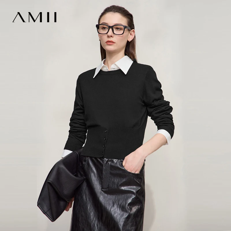 

AMII Minimalist Women's Black Sweater 2025 Autumn Simple Commuting O Neck Pullover Long Sleeved Casual Knitted Tops 12523155