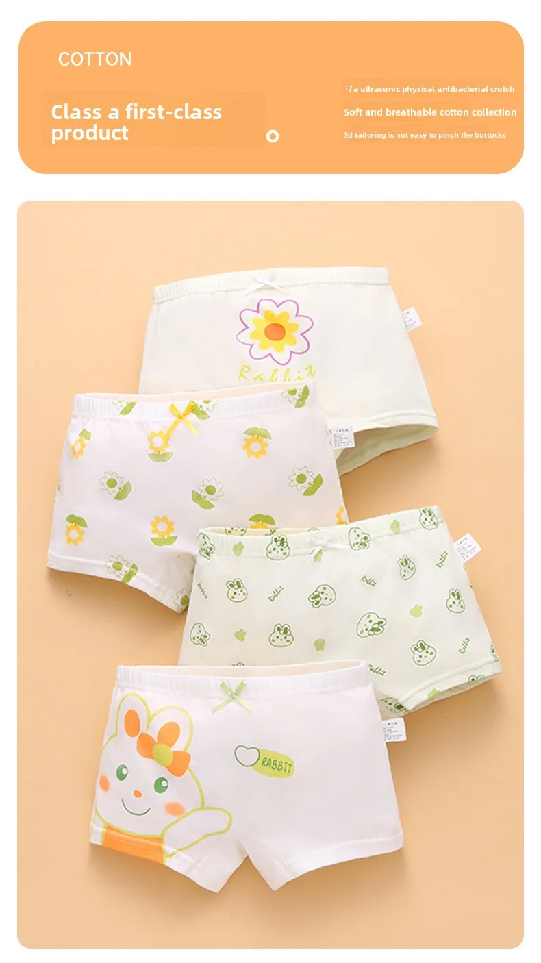 4er-Pack 7A Antibakterielle Mädchen-Baumwoll-Boxershorts mit Cartoon-Print, atmungsaktive Unterwäsche für große Kinder, kein Hochrutschen, kein Reiben – Detail 5