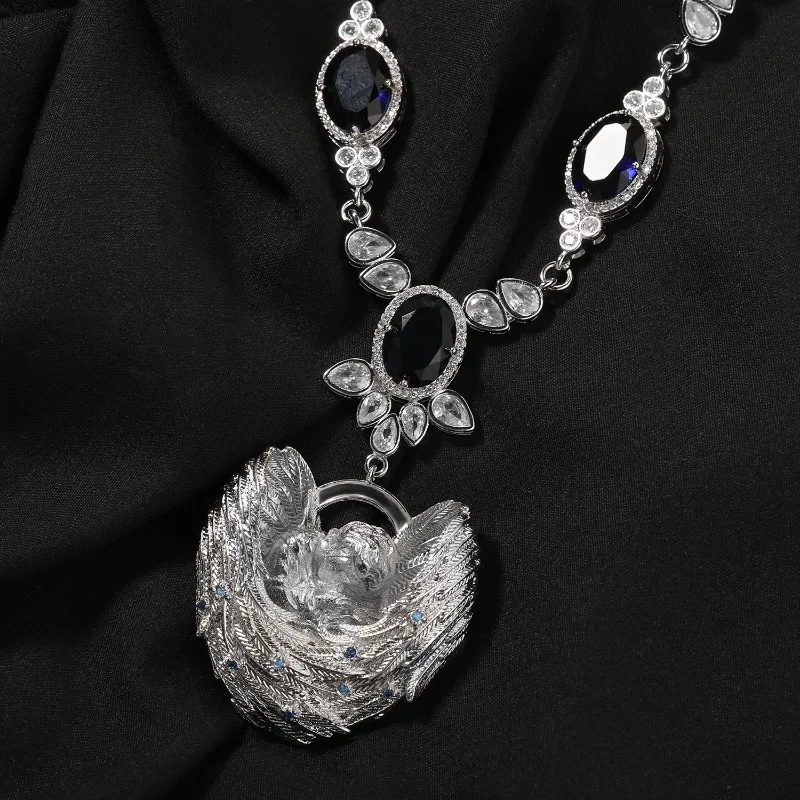 Angel Cupid Sapphire Necklace Blue Sapphire Crystal Pendant Luxury Statement Jewelry Gift For Women Men