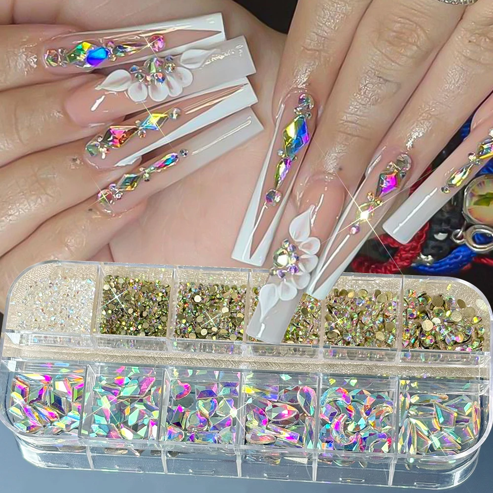 Set di 12 Griglie di Strass 5D Misti Rossi per Unghie, Diamanti Scintillanti in Vetro a Forma di Cuore/Fiocco/Rotondi/Goccia, Decorazioni Speciali per Unghie