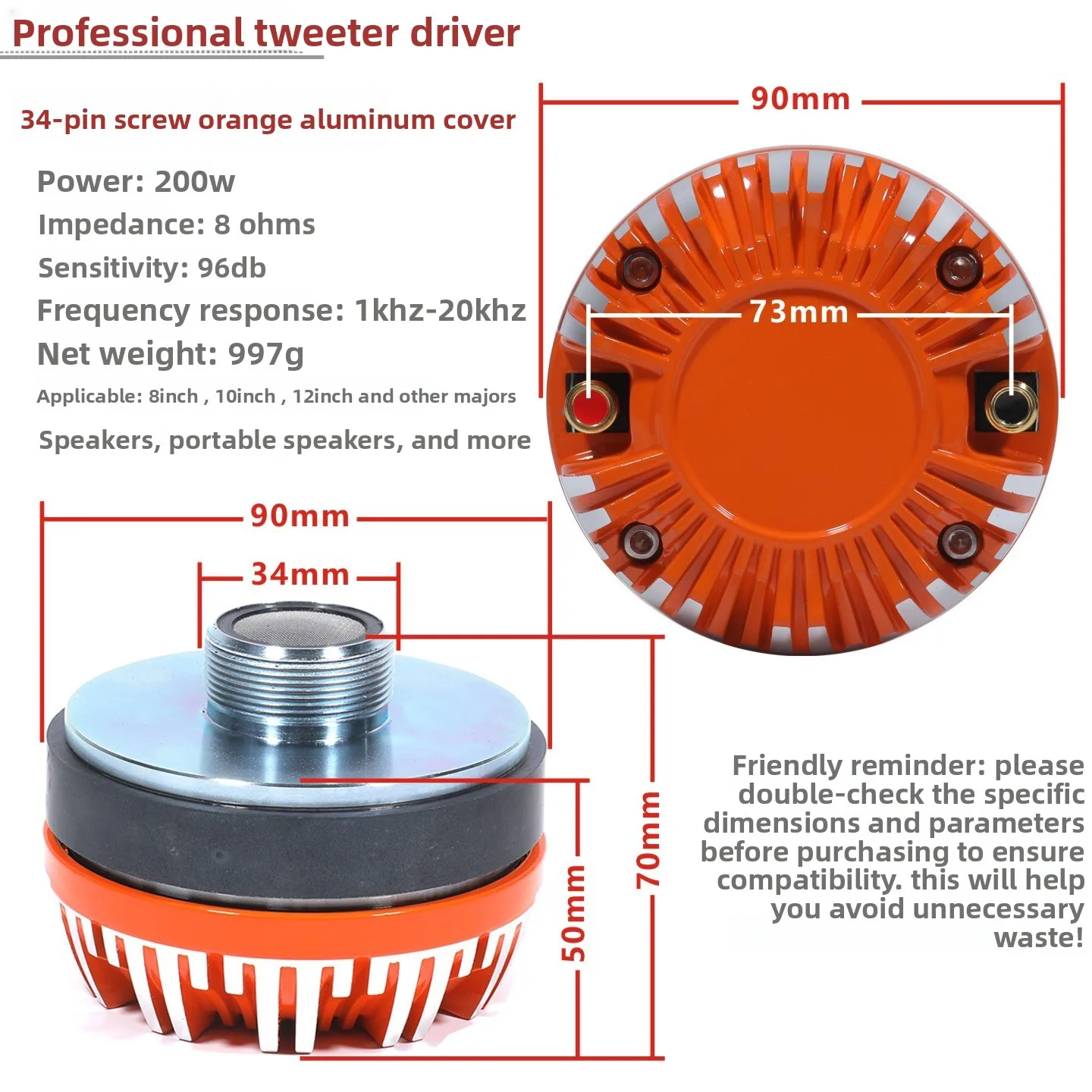 MW Audio, 1 stuks, compressie-element voor hoornluidspreker, 34,4/44,4/51 mm, aluminium behuizing, hoogfrequente tweeter voor podiumluidsprekers.