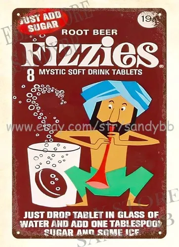 1r, Fizzies 1960er Jahre Erfrischungsgetränk-Tabletten, Essen, Snack, Metall-Blechschild, moderne Dekorideen, Metall-Blechschild, Metallschild