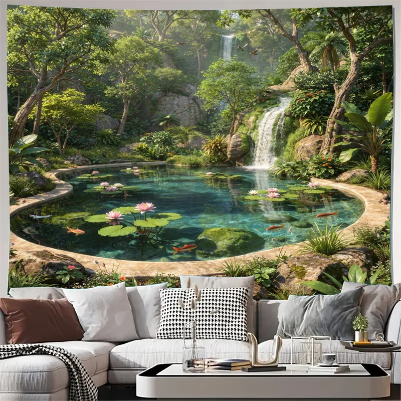 Large Decorative Tapestry Boho Chic Waterfall Nature Wall Hanging Tropical Botanical Greenery Zen Living Room Decor Artwork