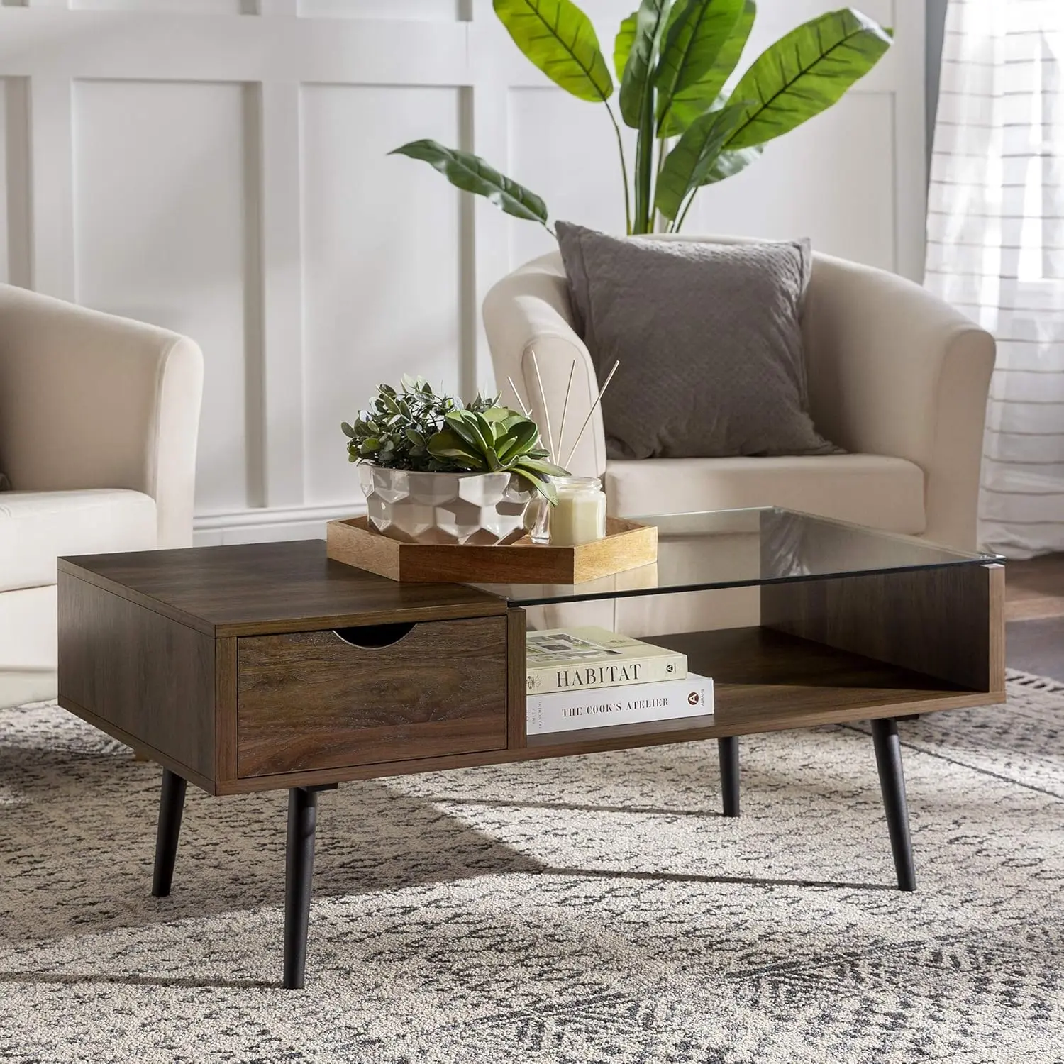 Montclair Mid Century Modern Two Toned 1 Drawer Coffee Table, 42 Inch, Glass and Dark Walnut