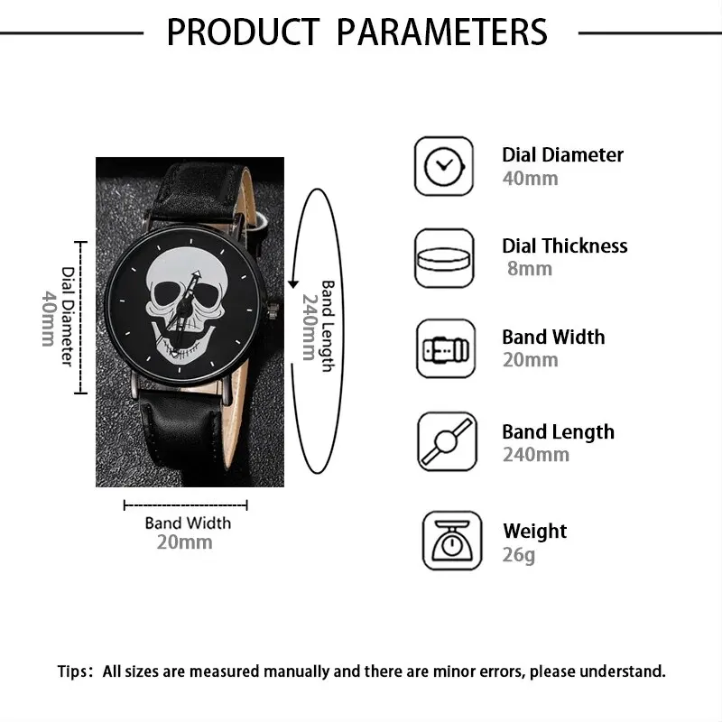 4Pcs Mens Black Watches Skull Pattern Dial Design Luxury Leather Band Quartz Wristwatch Outdoor Casual Sports Watch Relogio