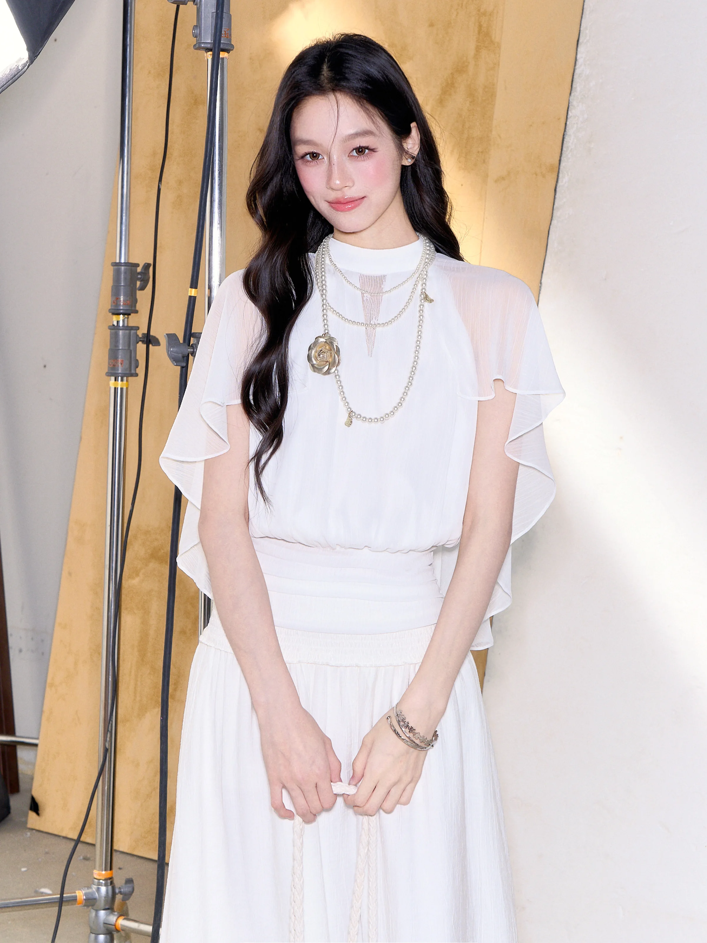 Elegant Lace Trim Shantung Summer Top Coat Elegant Misses Style Short Sleeve Button Collar Bodice for Women Ladies Girls