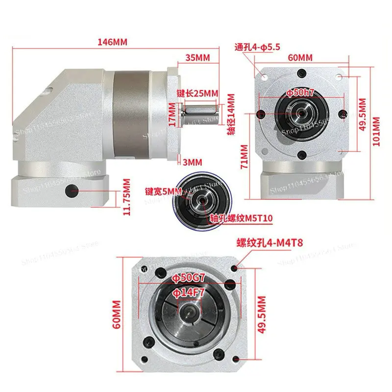 90° Right Angle Precision Planetary Reducer - 3-70 Ratio Gearbox for 60 Series Servo Motors