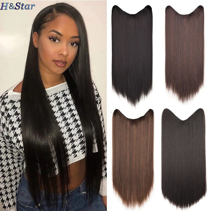 H&STAR 24 Pulgadas Largo Lacio Sintético 4 Clips Una Pieza en Forma de V con Clip Extensiones de Cabello Negro Marrón Postizos para Mujeres