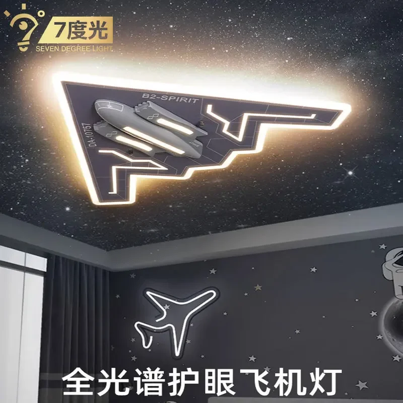 Large stealth combat aircraft model ceiling light for children's bedroom.