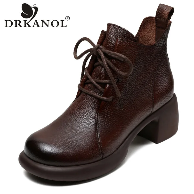 

DRKANOL Women High Heel Boots Handmade Retro Style Round Toe Genuine Cow Leather Lace-Up Zipper Casual Ankle Boots For Women