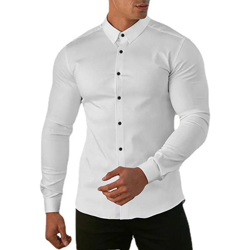 New Fashion Casual long Sleeve Solid Shirt Mens Super Slim Fit Male Social Business Dress Shirt Men Gym Fitness Sports Clothing