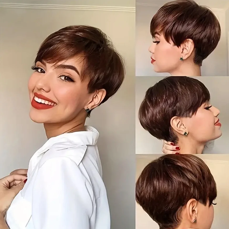 Joedir Wholesale Clearance Brown Color Short Wavy Bob Pixie Cut Full Machine Made Human Hair Wigs With Bangs For Black Women