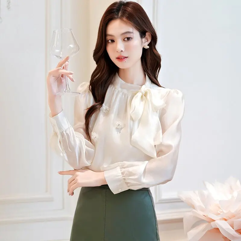 

Весенне-осенняя женская блузка-туника 2026 года из шелкового шифона с длинным рукавом, воротником-стойкой и бантом, однотонная, во французском стиле