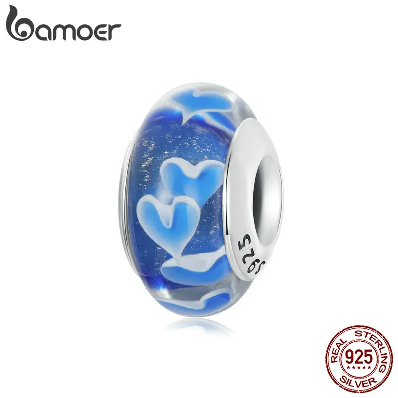 BAMOER Blue Heart Murano Charm Beads for Women Jewelry Making 925 Sterling Silver Charm for Original Bracelet DIY Accessories