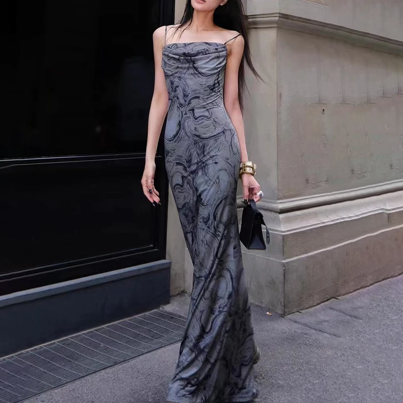 Sexy Strap Dress Women Summer New Casual Backless Slim Fashion Print A-LINE Maxi Dress Female Party Elegant Club Streetwear 2024