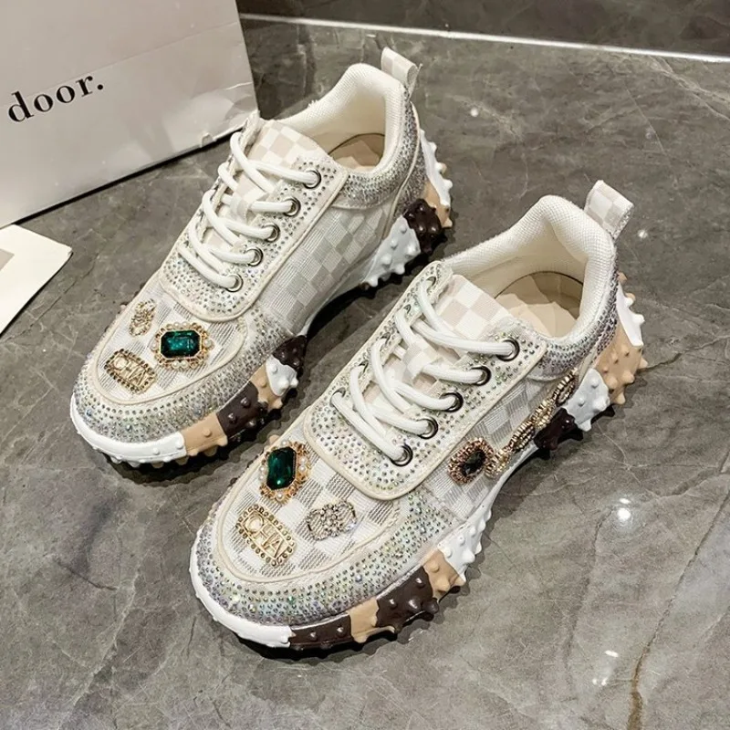 

Luxury Rhinestone Womens Shoes Breathable Thick-soled Sneakers 2025 Spring New Fashion Versatile Casual Shoes Platform Shoes