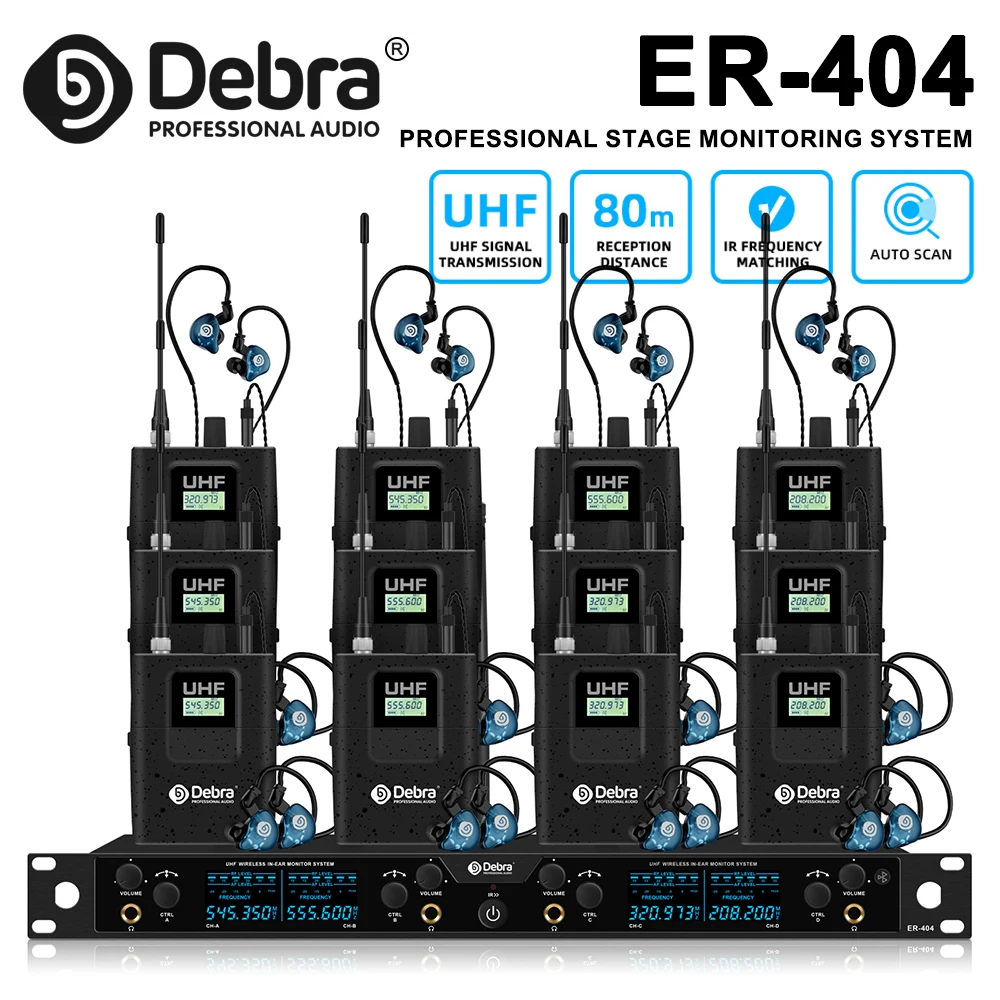 Debra ER-404 Professional Wireless In-Ear Monitoring System, Infrared Frequency Synchronization, with Multiple Receivers, for St