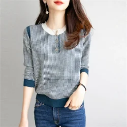 Autumn Knit Top Women Sweater Loose Pullover Black White Plaid Woman Clothes Blous Long Sleeve Top Grace Feminine Knited Sweater