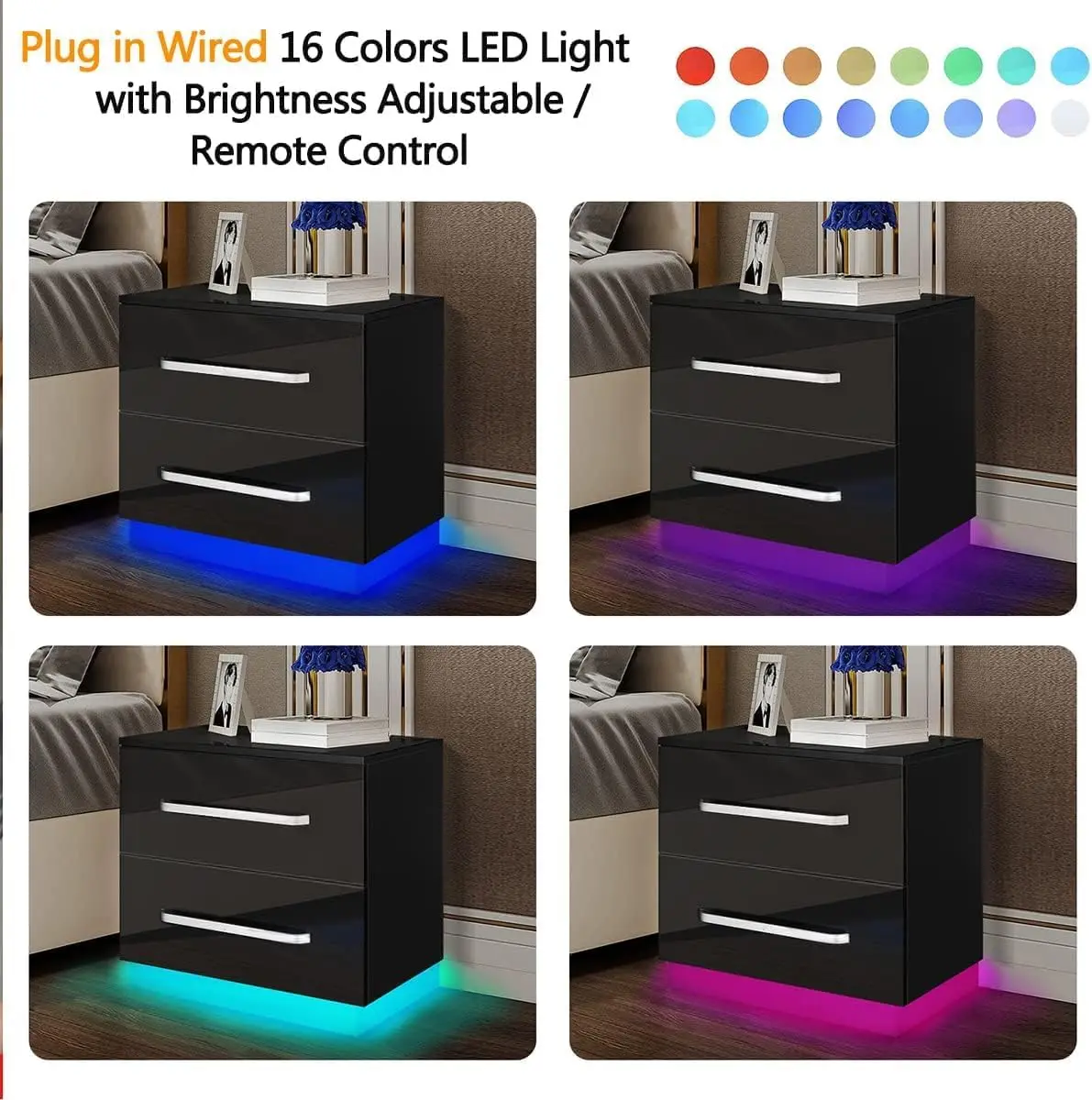 Pequena mesa de cabeceira LED de madeira, Nightstand moderno, Nightstand preto com luzes, 2 gavetas de alto brilho para quarto