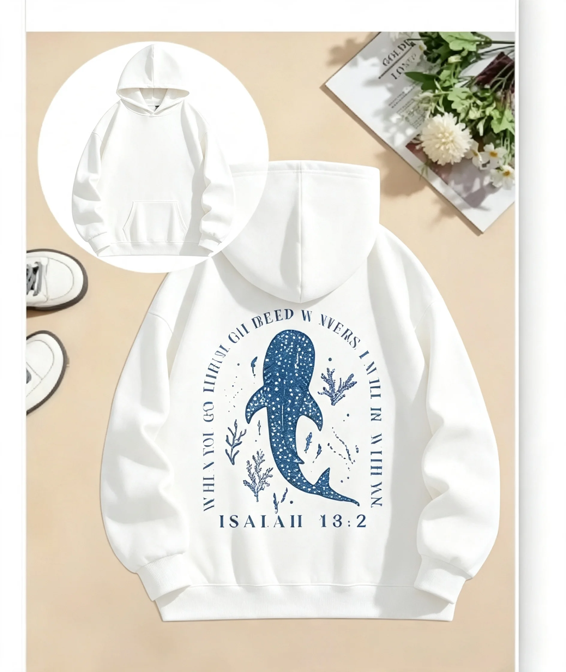 Whale Shark Graphic Hoodie Women Retro Ocean Sea Animal Print Hooded Sweatshirt Casual Loose Back Print Pullover Hoodie clothes