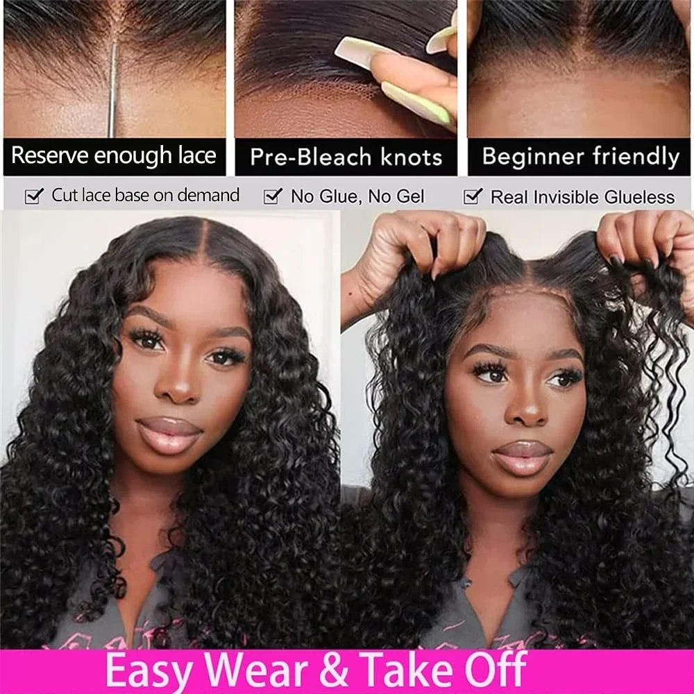 Glueless Wigs Wear and Go Synthetic Water Wave Curly Pre Plucked Pre Cut 4x4 HD Lace Closure Wigs No Glue Wigs for Black Women