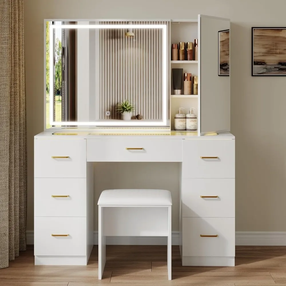 Vanity Set with Lighted Mirror,Extra Large Mirror Makeup Vanity Table with 7 Drawers&Cushioned Stool,Dressing Table with Drawers