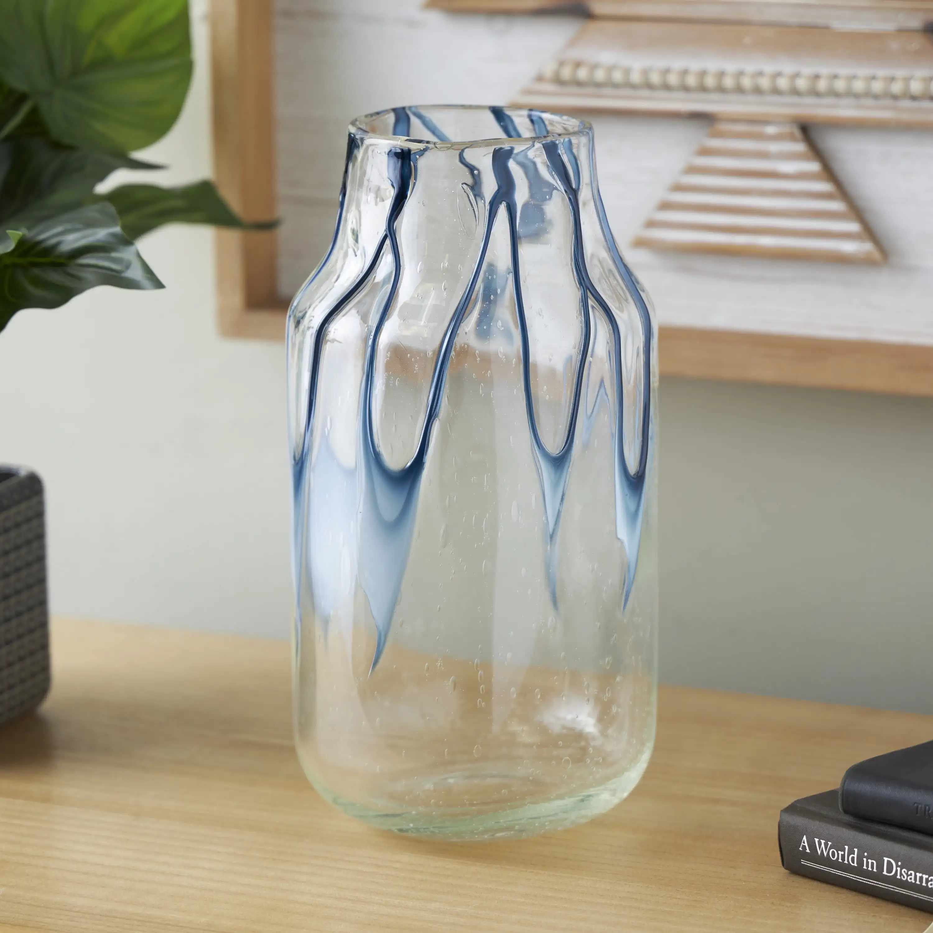 

13 Abstract Cream Glass Vase with Wavy Blue Design