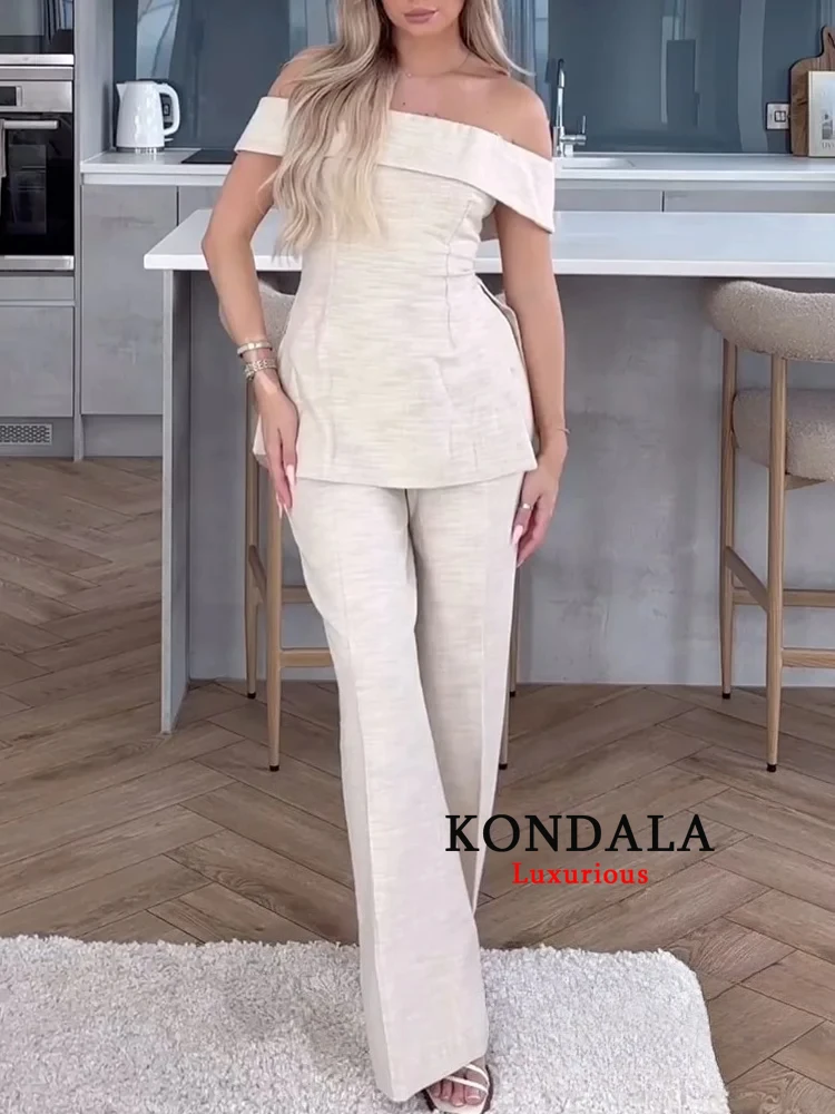 

KONDALA винтажный повседневный однотонный шикарный женский костюм с боковым разрезом и открытыми плечами, топ, прямые свободные брюки, модные комплекты для летних каникул 2025 года