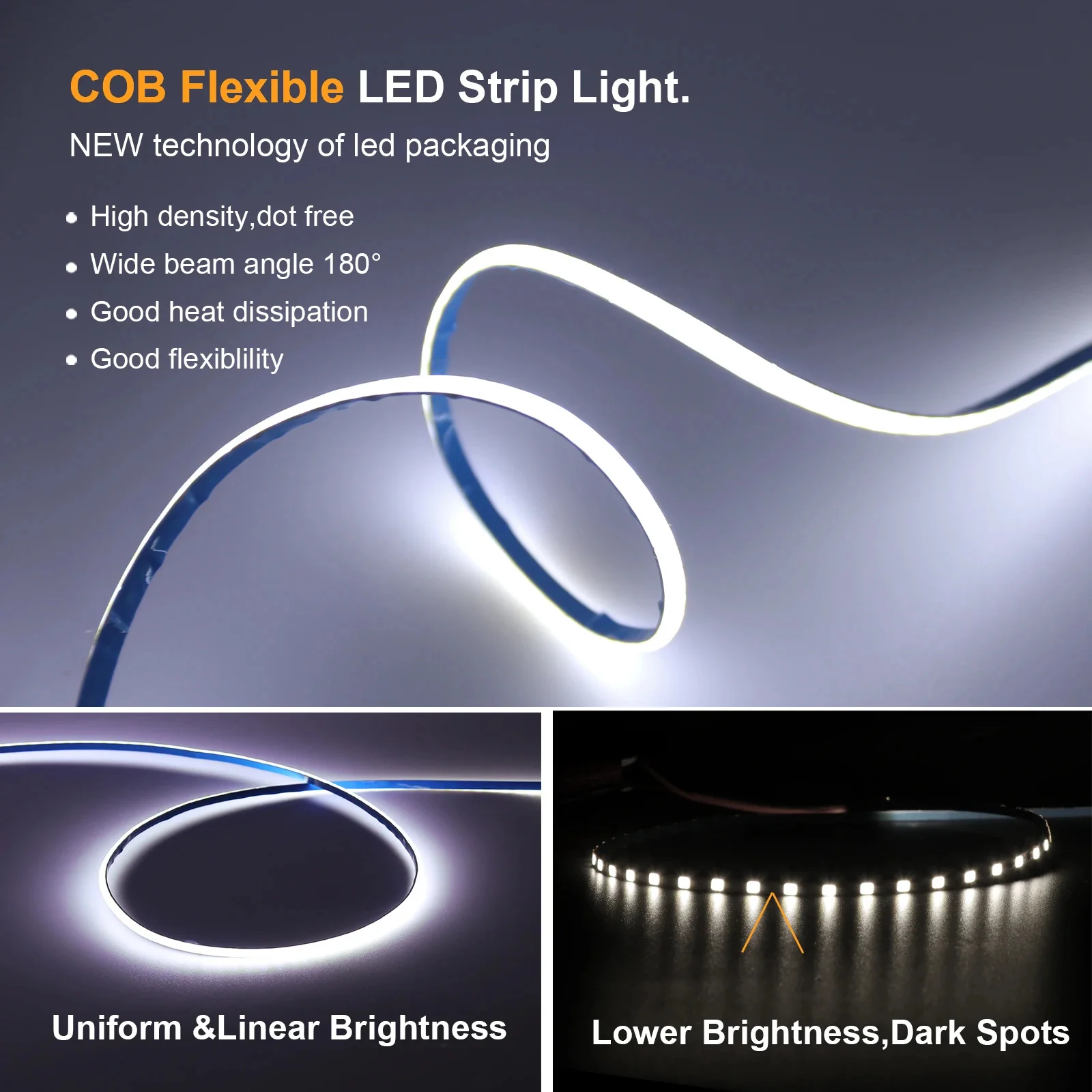 USB COB LED Strip Lighting, 3mm Width Dotless Light, Glow COB Bendable Tape Light, 5V Rope Light Flexible Counter Light for home