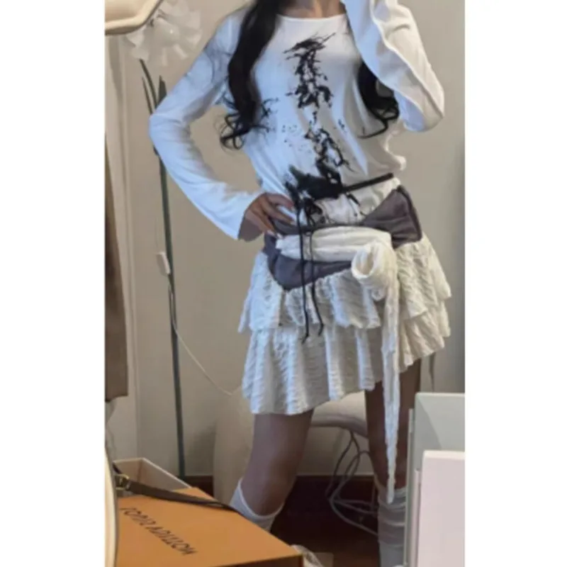 Cake Skirt Y2k Summer Women's 2024 White Short Skirt Irregular Casual Low Waist Fashion Folded Skirt Spliced Korean Mini Skirt