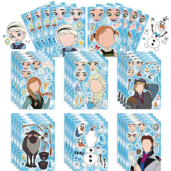 8/16 Blatt Disney Frozen Puzzle-Aufkleber „Make a Face Create Your Own Elsa Olaf Anna“, Kinderspielzeug zum Zusammenbauen, Kinder-Partyspiel