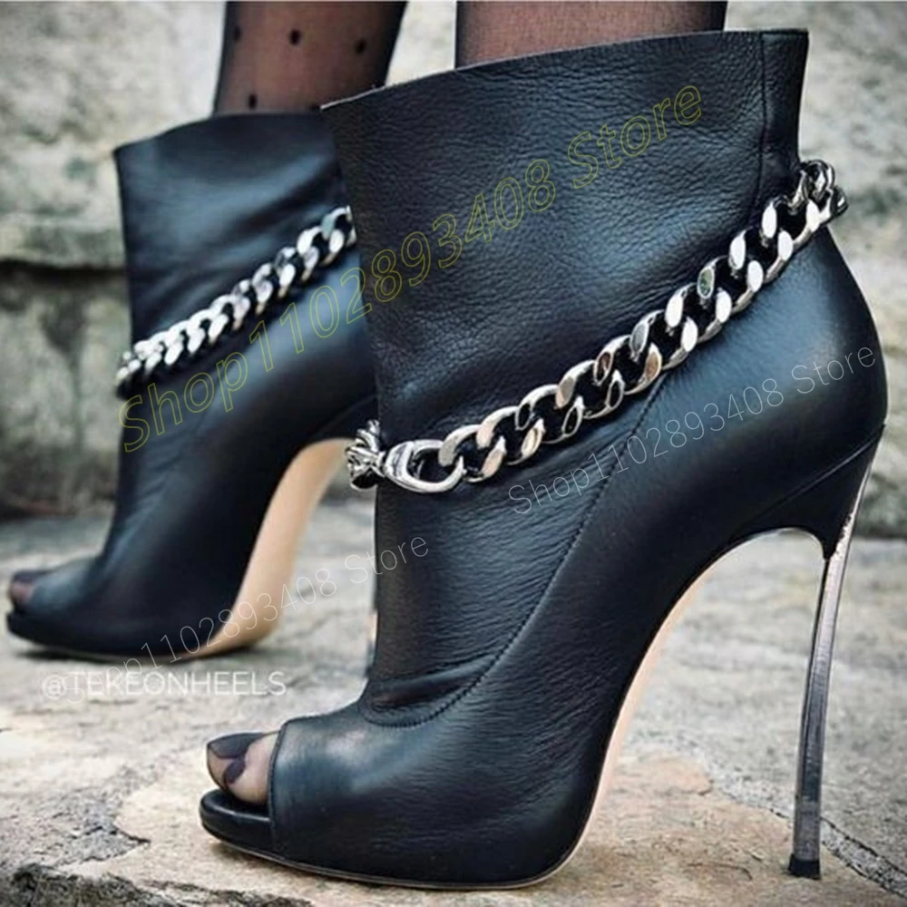 

Black Metal Chain Decor Peep Toe Ankle Boots Stiletto High Heel Sexy Matte Leather Women Shoes 2024 Summer Zapatos Para Mujere