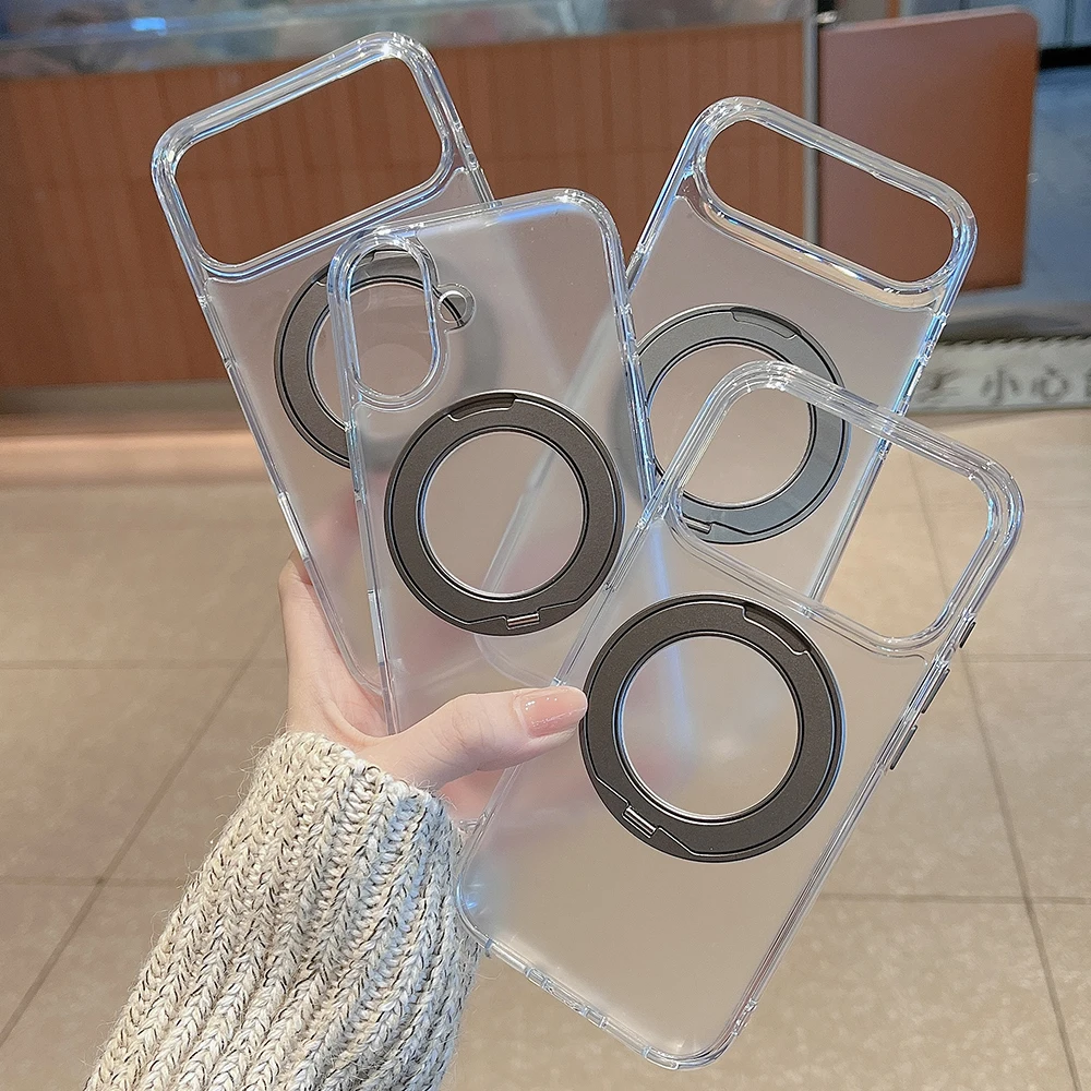 

Luxury 360 Hidden Metal Stand Magnetic Wireless Charge Transparent Case for iPhone 17 17pro 17 ProMax Air For MagSafe Cover Case