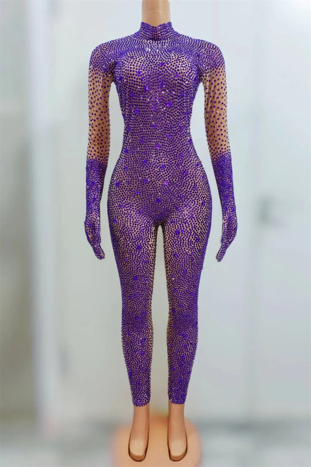 Tuta da discoteca da donna con strass Tuta sexy da ballo Gogo Tuta elastica a maniche lunghe con guanto Costume glitter di lusso yj014