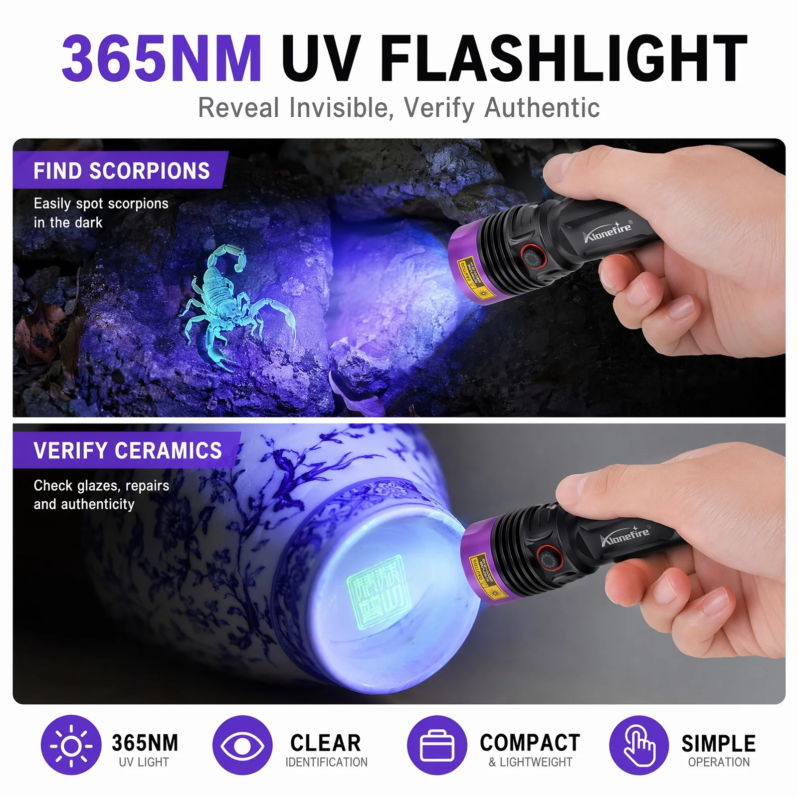 Alonefire 20W LED 365nm/395nm UV-Schwarzlicht-Taschenlampe USB-Aufladbar für Haustierflecken, Tinea, Geld, Erze, Edelsteine, Jade, Skorpione – Detail 6