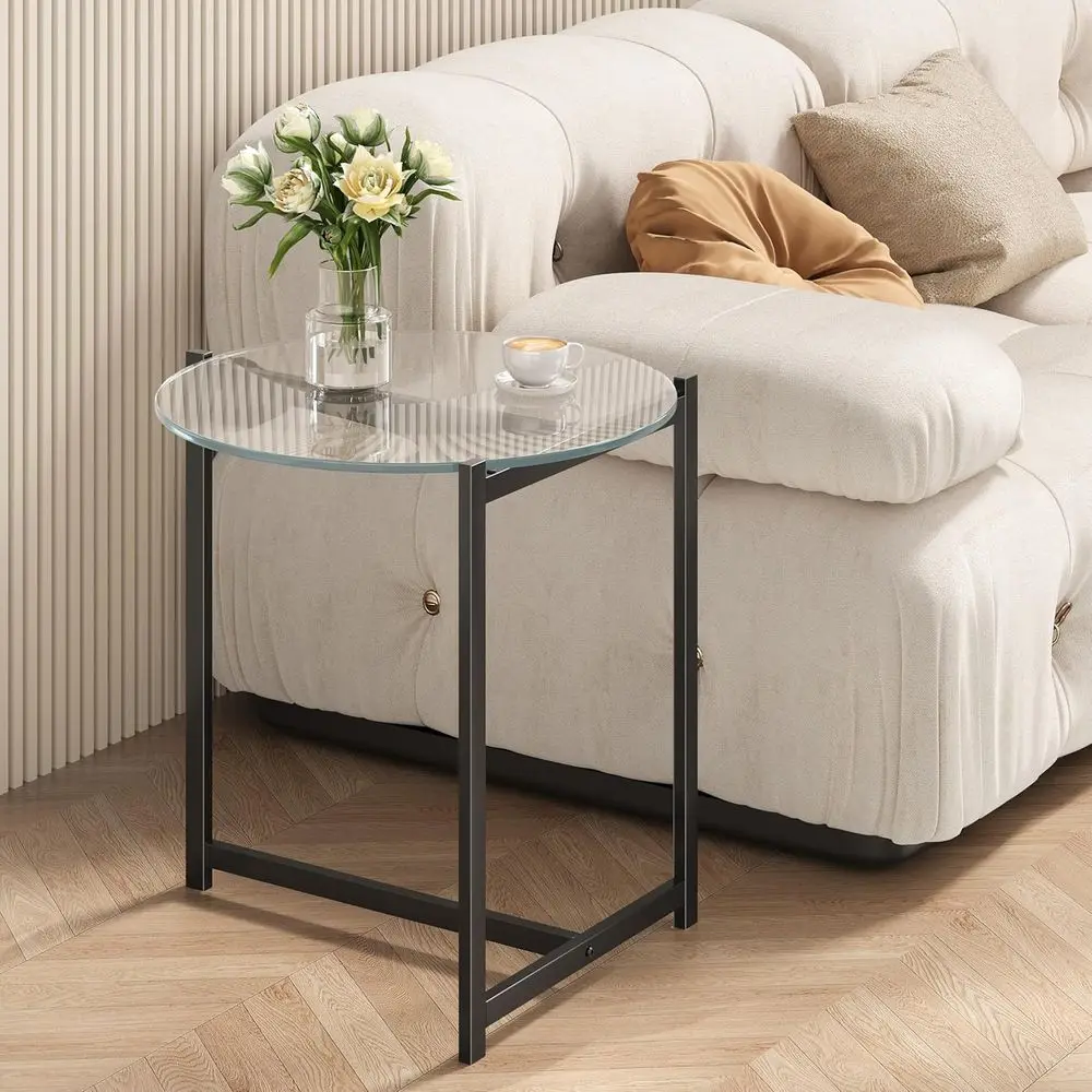 

20 Inch Round Tempered Glass Coffee Table with Black Metal Frame for Living Room, Bedroom, or Office