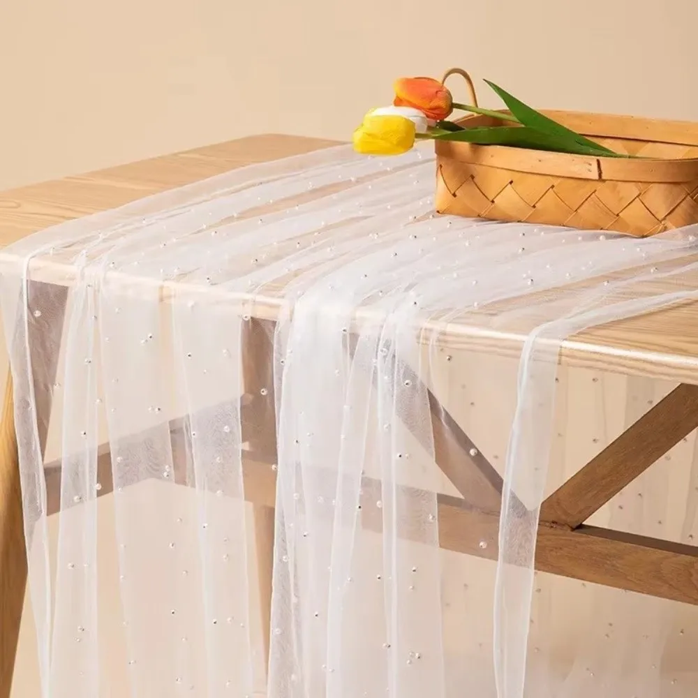 Sheer Drapes Pearl Yarn Table Runner Gauze Mesh Semi Transparent Tulle Table Runners DIY Wedding Tablecloth