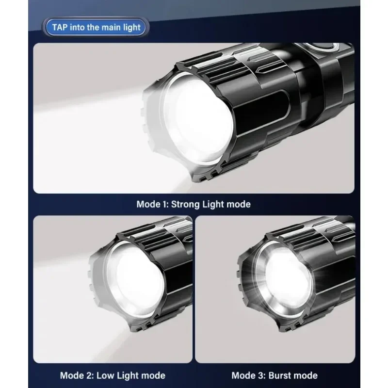 Linterna LED superbrillante, linterna con zoom, batería integrada, recargable por USB, portátil, resistente al agua, linterna ultrabrillante