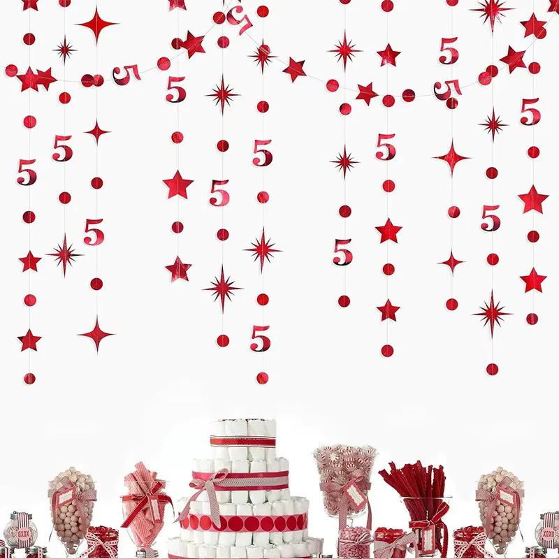 4Pcs Red 5th Birthday Number 5 Circle Dot Twinkle Star Paper Garland Hanging Streamer for 5 Years Old Birthday Pary Decorations