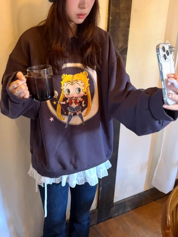 

East Today Heat Hand-Dn Cute Girl Sailor Print Autumn Winter Warm Casual Loose Pure Cotton round Ne Sweatirt Women